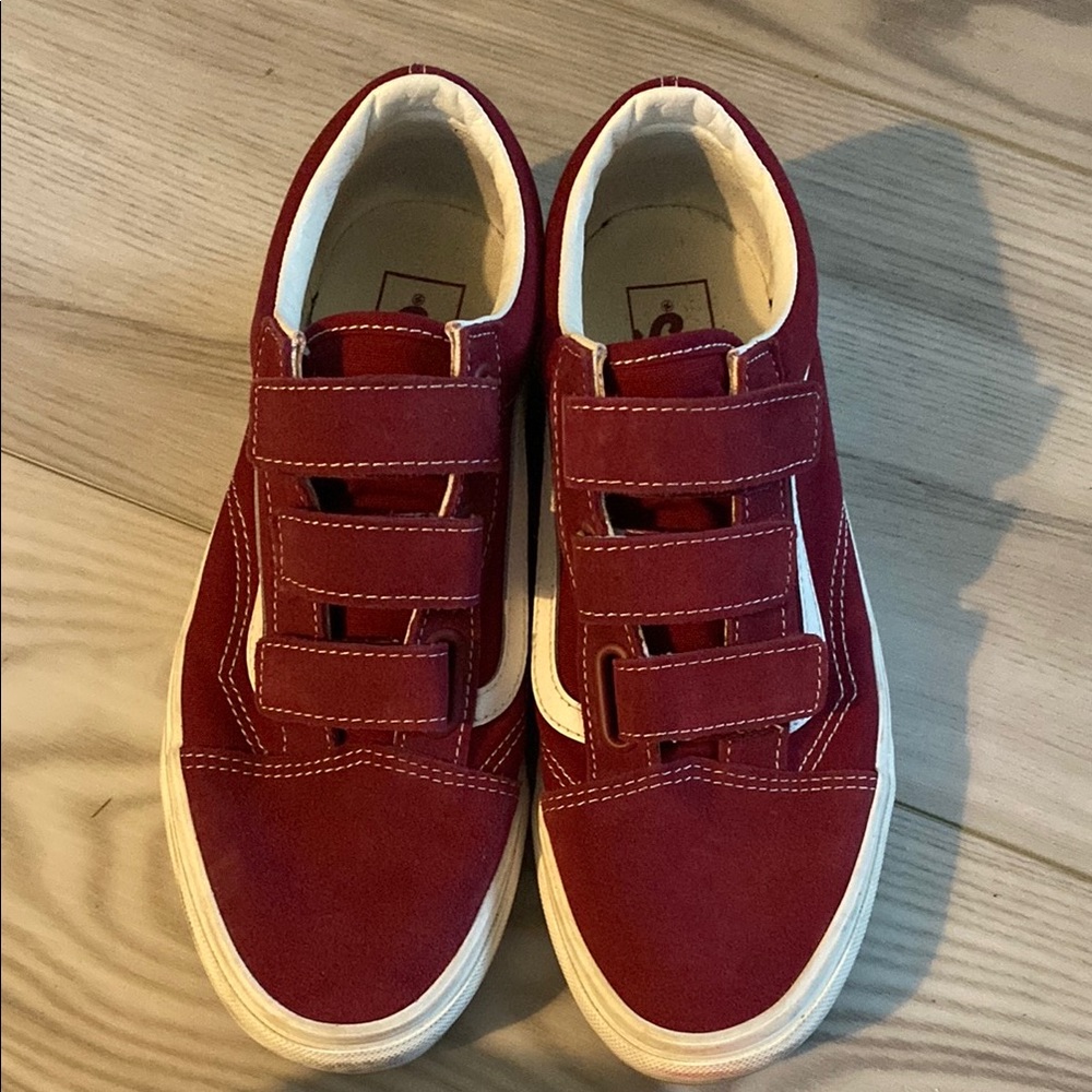 Vans Red and White Slip-On Loafers with Velcro Straps